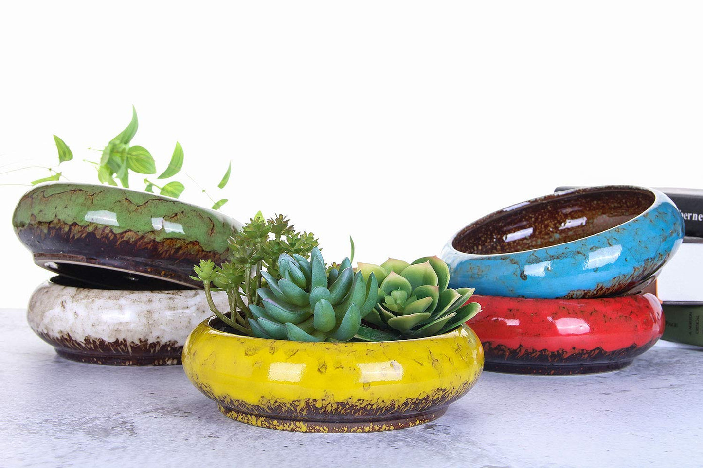 VanEnjoy 7.3 inch Round Large Shallow Succulent Ceramic Glazed Planter Pots with Drainage Hole, Bonsai Pots Garden Decorative Cactus Stand Flower Container (Green)
