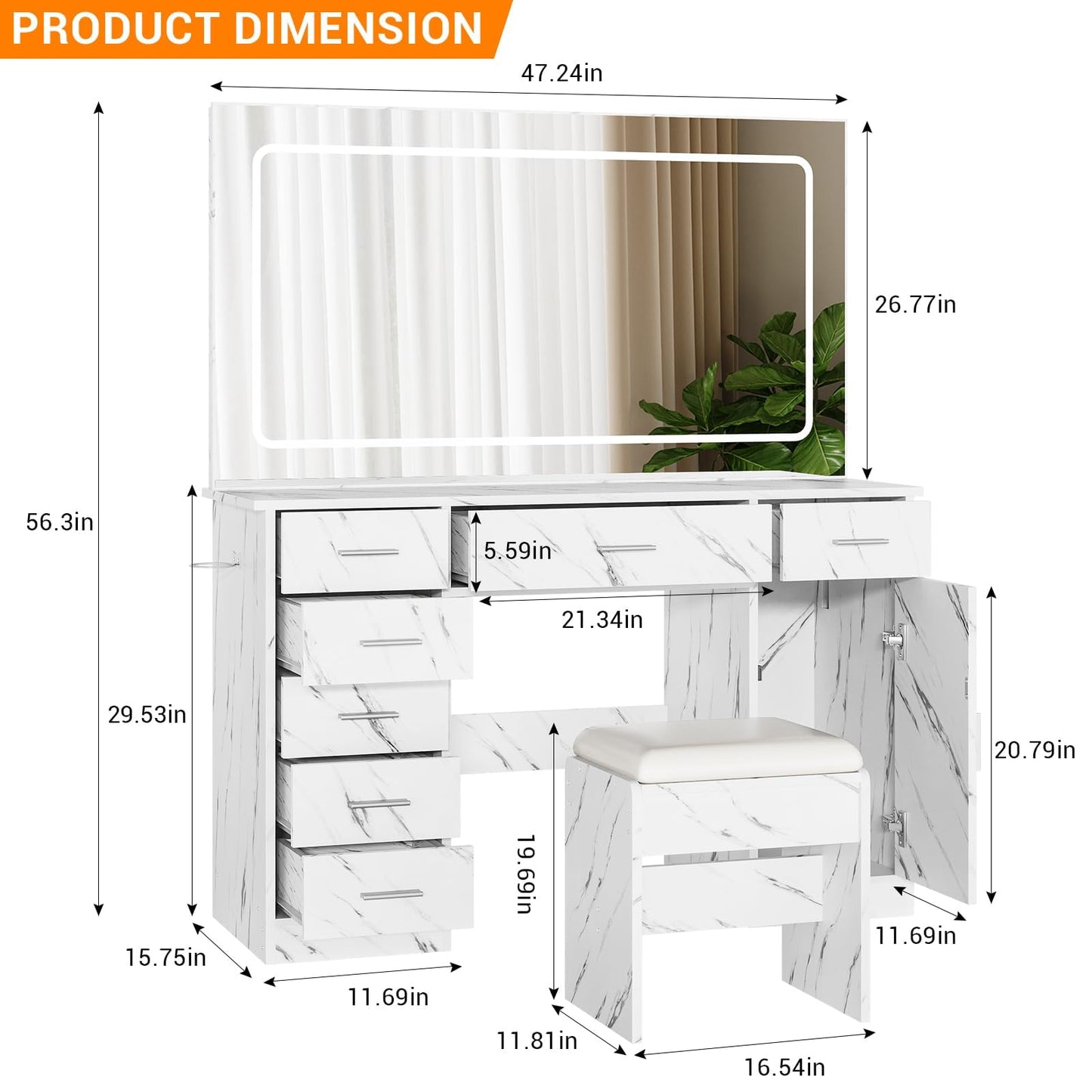 IDEALHOUSE Modern Vanity Desk with Large LED Mirror – 7 Drawers, Power Outlets, USB Ports, Hair Dryer Holder, 3-Mode Lighting, Stool, Cabinet – Marble White