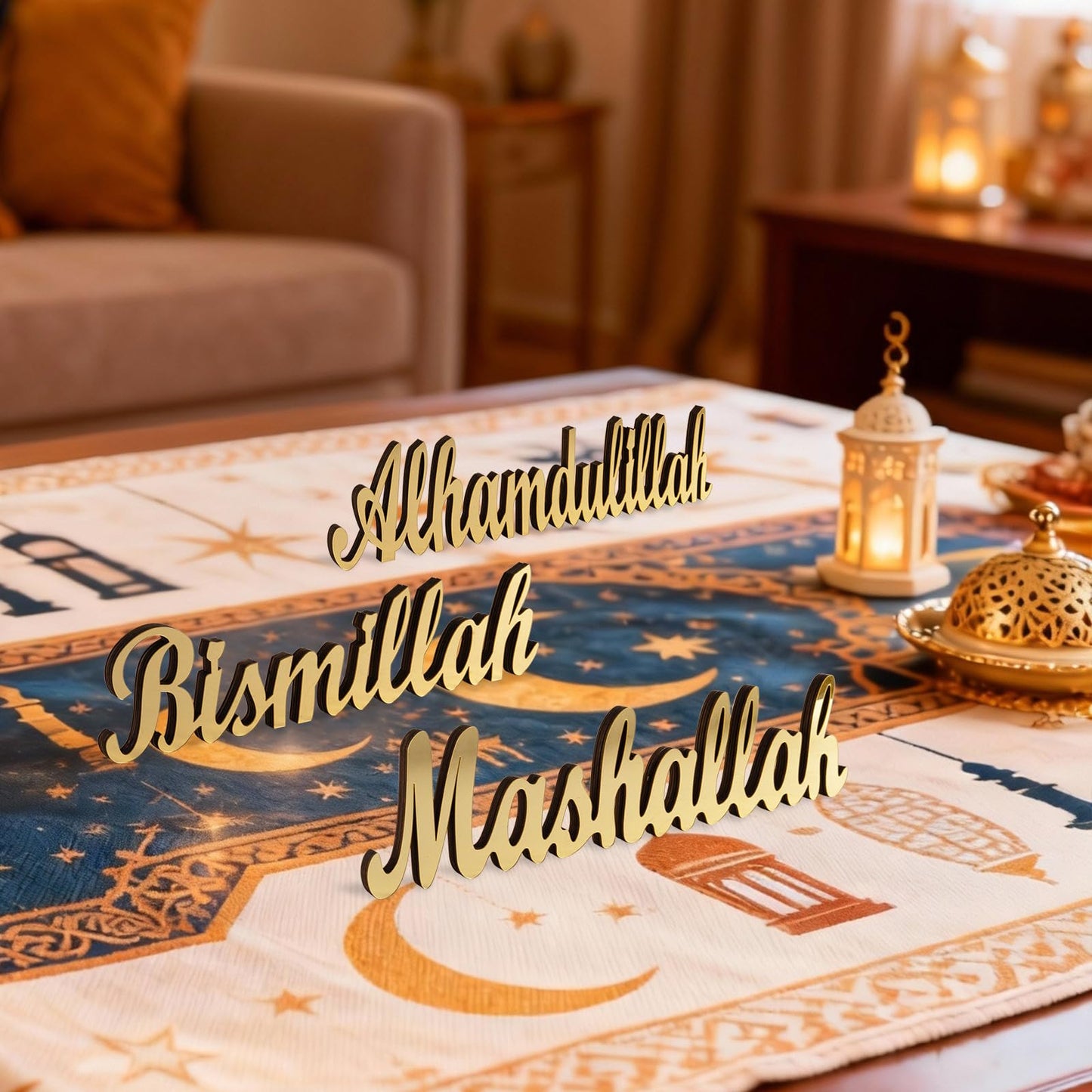 flangairy 3 Pcs Ramadan Decorations Home 2026, Wooden Gold Acrylic Bismillah Alhamdulillah Mashallah Sign, Wood Eid Mubarak Islamic Allah Table Stand Fireplace Office Desk Mosque Decor, Muslim Gifts