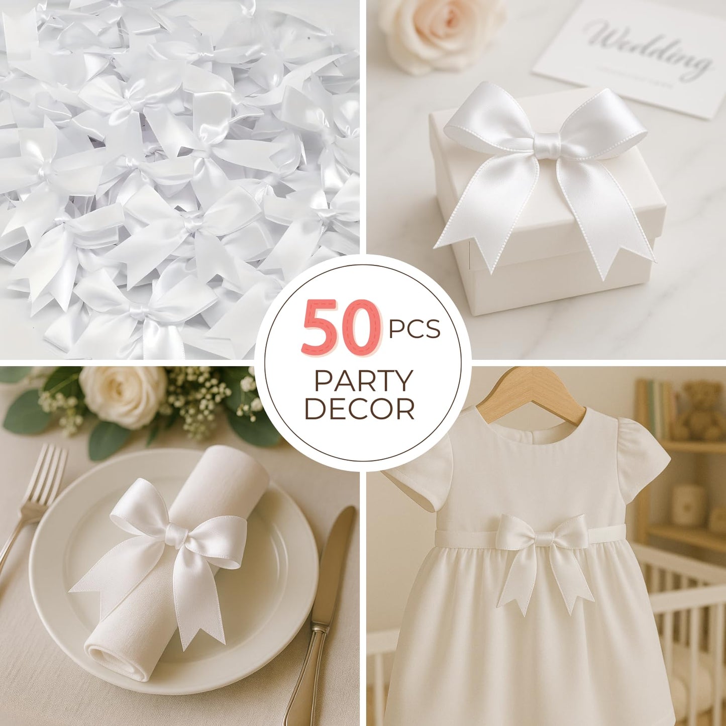 White Gift Wrap Bows - 50pcs 3.3 Inch Elegant Bows for Gift Wrapping, Party Decorations, Wedding Decor, Birthday Presents, Holiday Gifts, DIY Crafts, Baby Shower, Anniversary, Christmas, Gift Bags