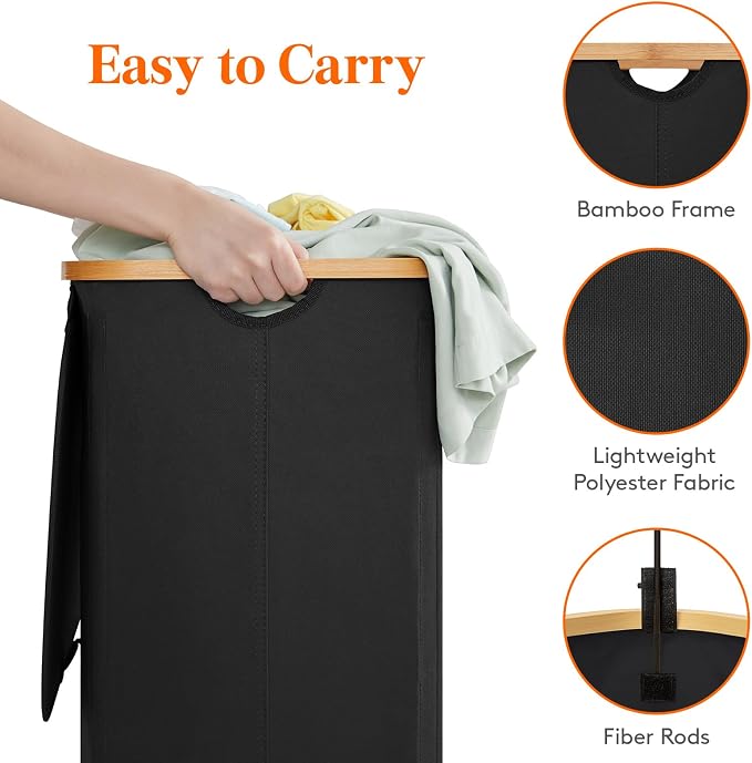 Lifewit 120L Double Laundry Hamper with Lid, Large Laundry Basket with Removable Bag & Bamboo Handles, Fodable Tall Dirty Clothes Hamper for Laundry Collapsible Bin for Bathroom Bedroom Dorm, Black