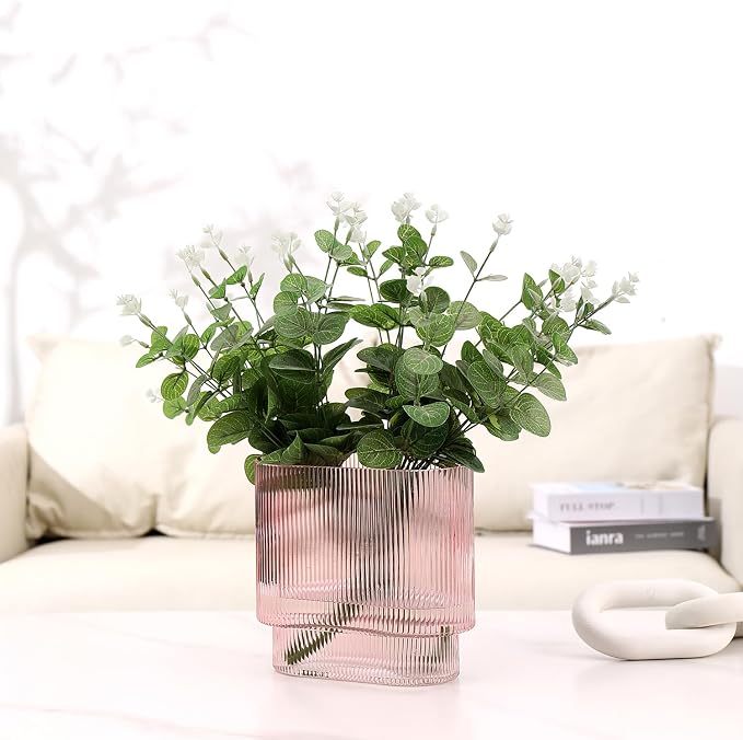 Ribbed Glass Vase, Pink Glass Vase, Fluted Short Vases for Flowers, Modern Vases for Living Room, Dining Room, Bathroom, Desk, Shelf, Wedding, Office, 7 Inches