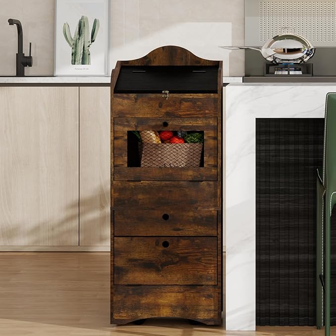 ARTETHYS Potato and Onion Storage Bin with Wheels Movable Bread Box with Lid Rustic Vegetable Organization Cabinet for Kitchen