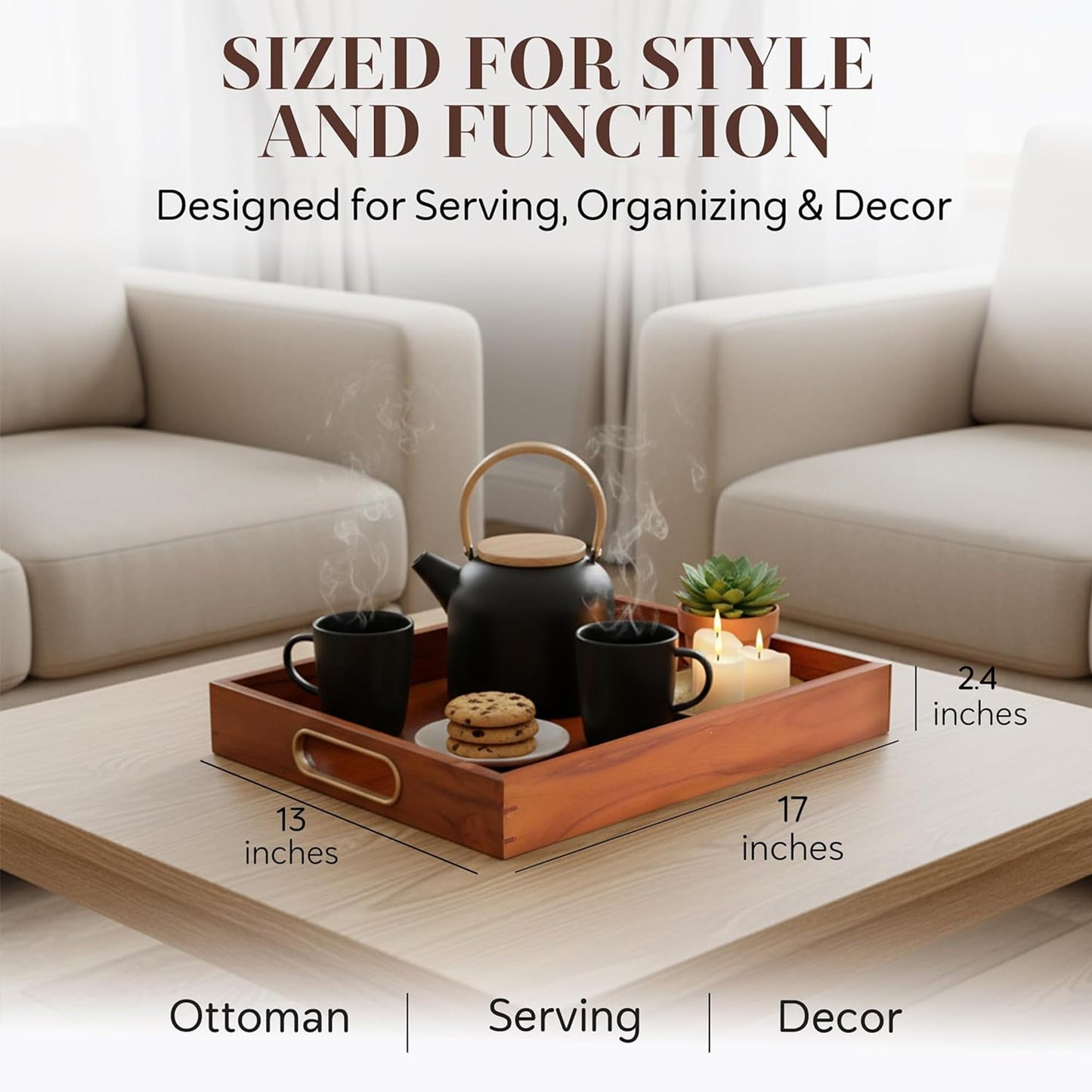 Jack & Juliet Teak Wood Ottoman Tray – Large Wooden Multifunctional Tray with Real Brass Handles - Non Slip Base in Food-Safe Finish - Gift-Ready Packaging for Coffee Table and Home Decor (Cherry)