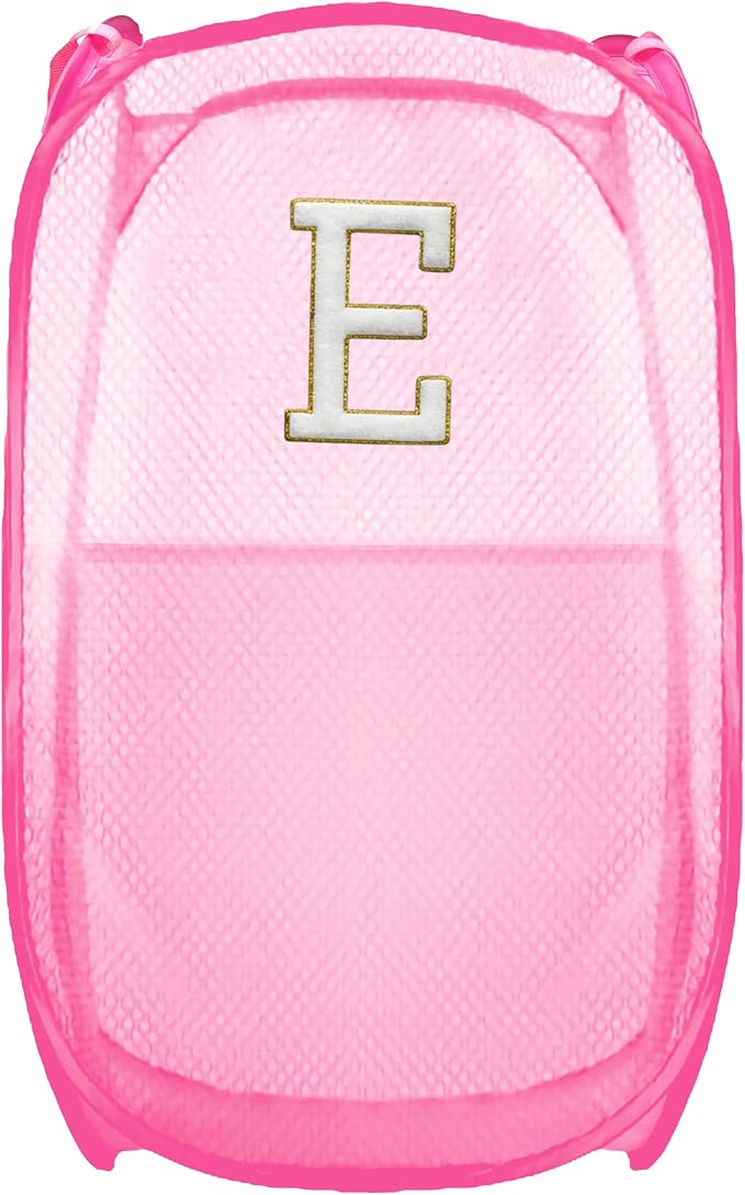 Collapsible Pop Up Laundry Hamper, Extra Large with Removable Initial Letter E, Mesh Foldable Laundry Basket, 28" x 16" x 16" (Pink)