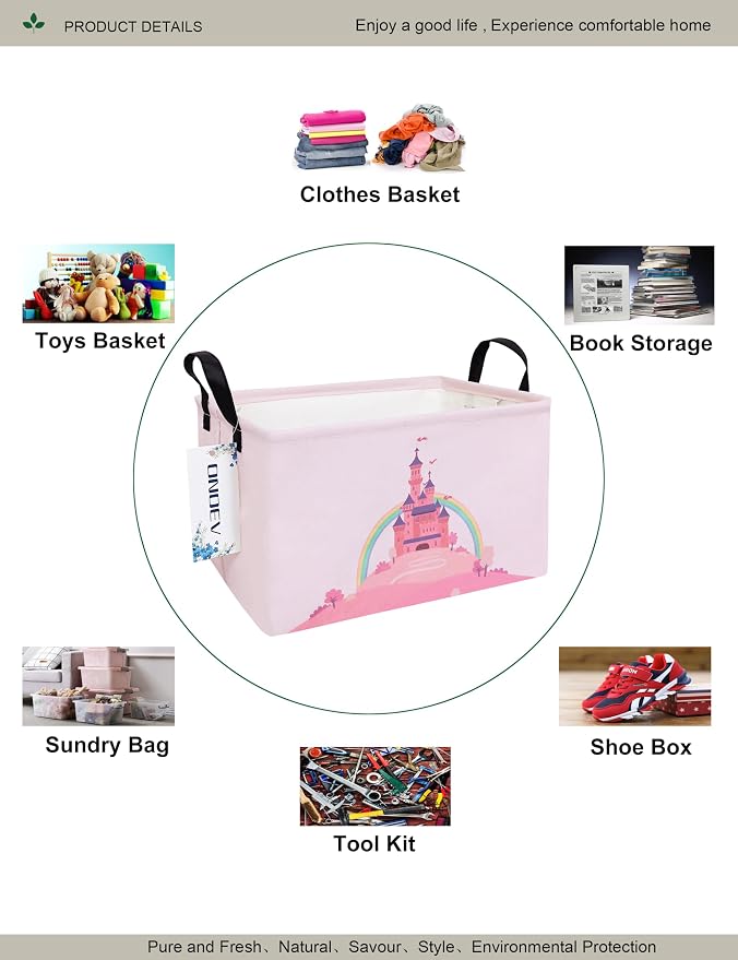Rectangular Pink Princess Castle Storage Bin, Decorative Canvas Laundry Basket with Dual Handles, Foldable Household Organizer for Girls Bedroom Dorm