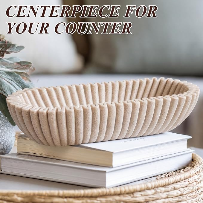 Large Decorative Bowl for Home Decor Long Dough Key Bowls Coffee Table Decor Centerpiece Beige Ruffle Scalloped Resin Modern Handicraft Bowl for Kitchen Counter Farmhouse Entryway