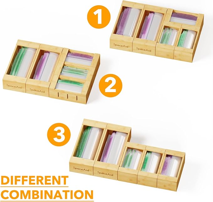 SpaceAid Bag Storage Organizer for Kitchen Drawer, Bamboo Organizer, Compatible with Gallon, Quart, Sandwich and Snack Variety Size Bag (5 Pack Set)