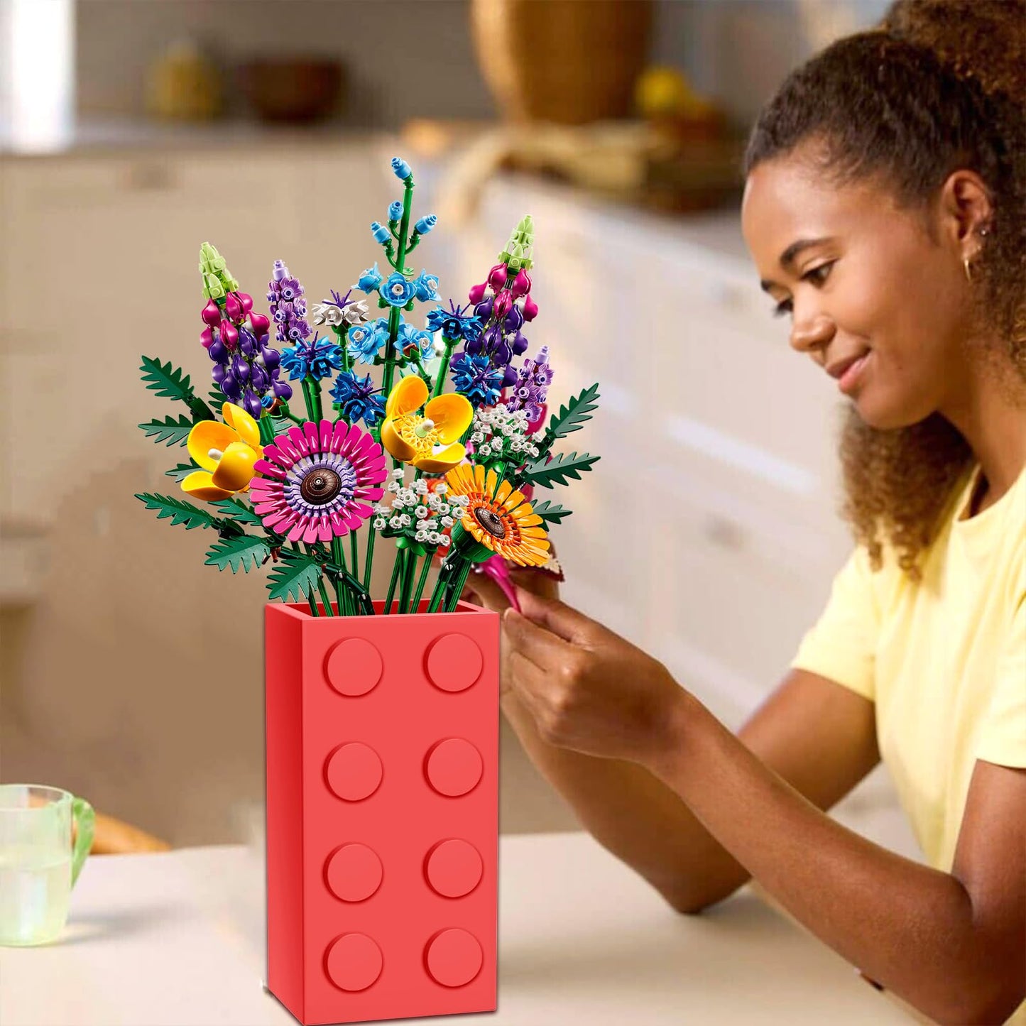Vase for Lego 10347 10280 10328 Flowers, for Lego Flower Bouquet Building Set,Display Stand for LegoRoses Cherry Blossom Sunflower Tulips Daffodils Lotus-Gift for Lego Flowers Lover(vase only)-Red