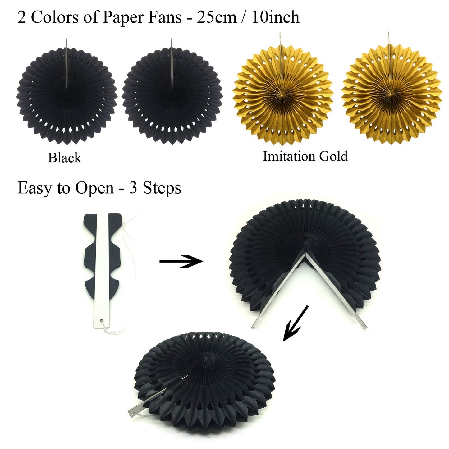 ZERODECO Party Decoration, 21 Pcs Black and Gold Hanging Paper Fans, Pom Poms Flowers, Garlands String Polka Dot and Triangle Bunting Flags for Birthday Parties Wedding Décor, Table & Wall Decorations