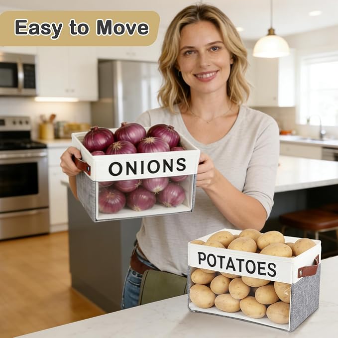 2 Pack Onion and Potato Storage Bins,Portable Vegetable Storage Basket with Handles,Large Kitchen Storage Container for Onion, Potato, Fruit, Vegetables,Countertop Kitchen Organization Container