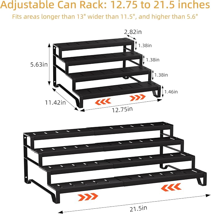 Attelite 4 Tier Expandable Can Rack Organizer for Pantry, Adjustable 13"-21" Metal Soda Can Organizer, Pantry Organization Canned Food Storage Holder for Kitchen Cabinet Countertop, Black 1Pack