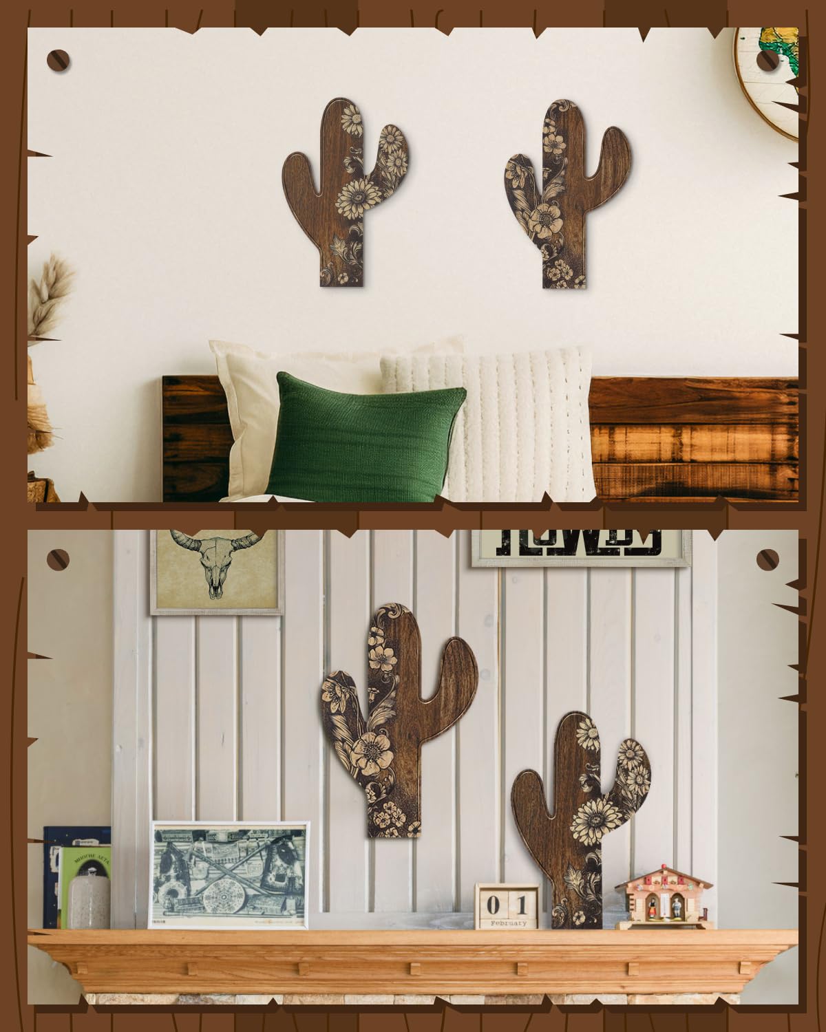 Putuo Decor 2 Pieces Aztec Cactus Decor, Farmhouse Wall Decor, Rustic Flower Patterns Wood Home Decor for Living Room, Bedroom, Bathroom, Western Decor