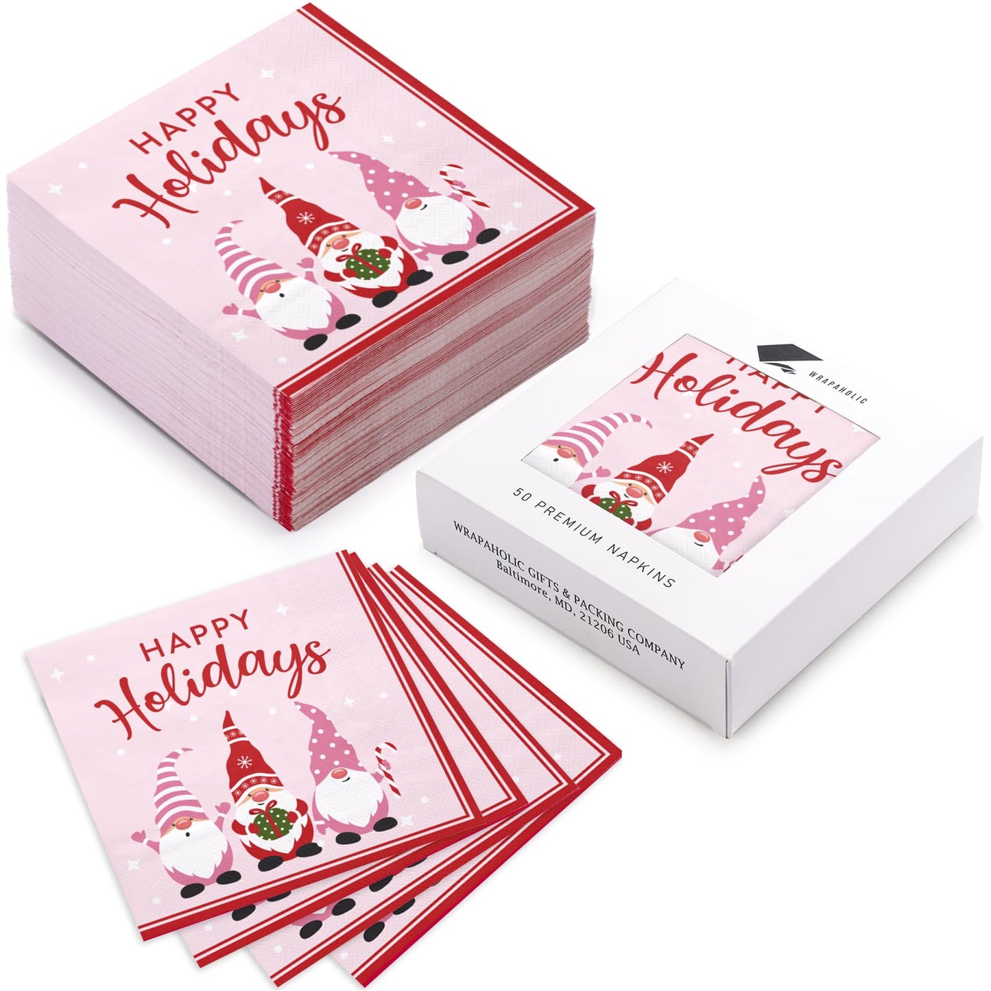 WRAPAHOLIC 50Pcs Christmas Gnomes Paper Napkins - 3-Ply Disposable Cocktail Napkin for Christmas Party Supplies Tableware, Xmas Holiday Party Decorative Towels - 5 x 5 In