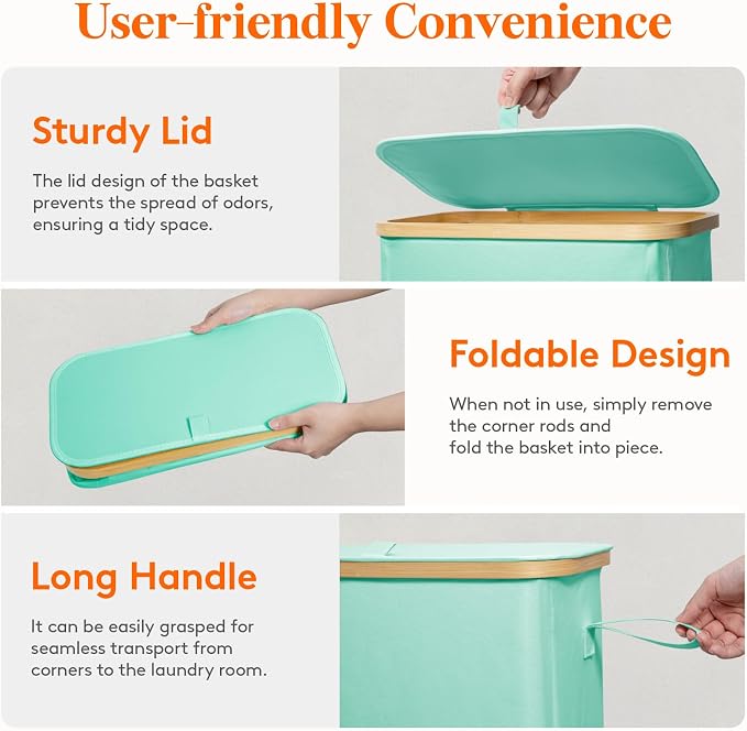 Lifewit 65L Slim Laundry Hamper with Lid, Narrow Laundry Basket with Removable Bag & Bamboo Handles, Fodable Thin Dirty Clothes Hamper for Laundry Collapsible Bin for Bathroom Bedroom Dorm, Sage Green
