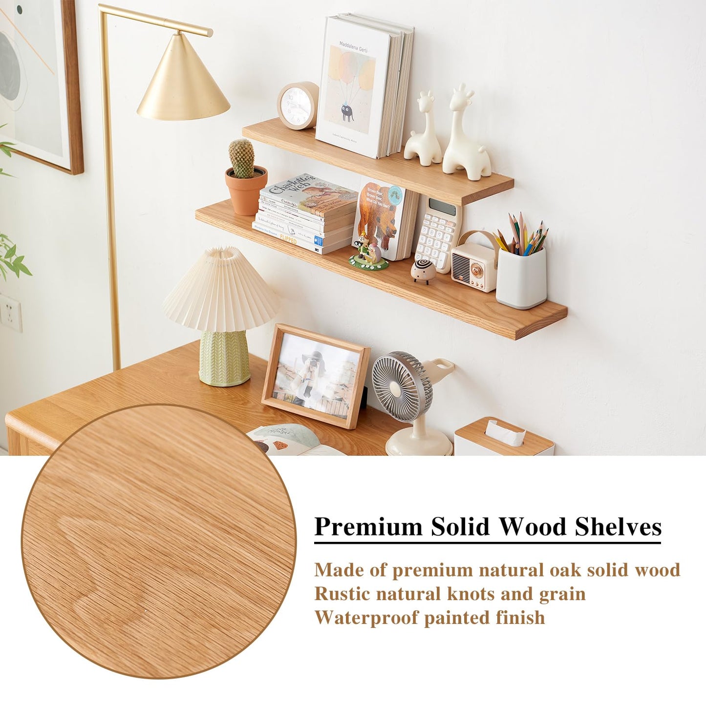 Sikflmi Oak Floating Shelves Rustic Wood Wall Shelves for Storage, Wall Mounted Wooden Display Shelf Wide for Living Room Bedroom Kitchen Bathroom (12 inch)