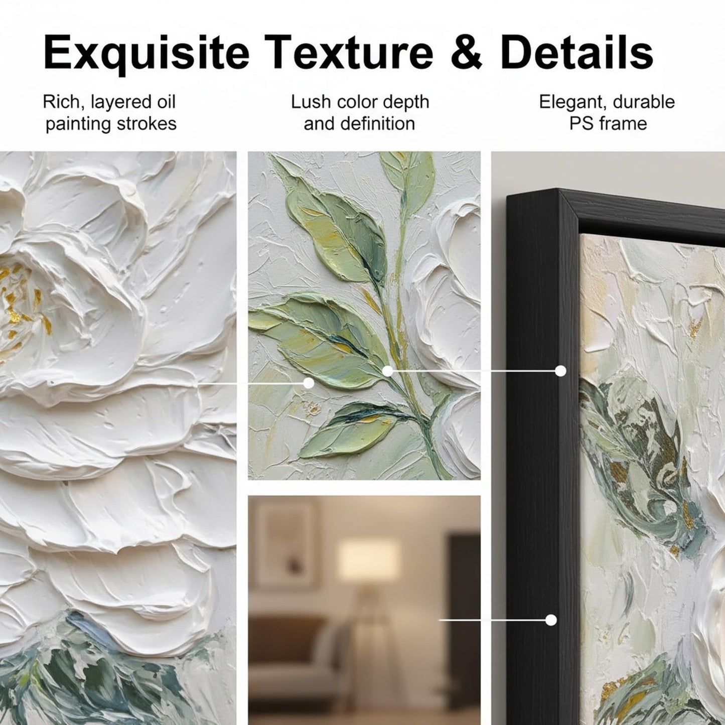 Hand Painted White Flower Oil Painting for Kitchen, Large 3D Floral Canvas Wall Art for Living Room, Framd Modern Wall Decor for Bedroom,Office Home Decor 32" x 32"