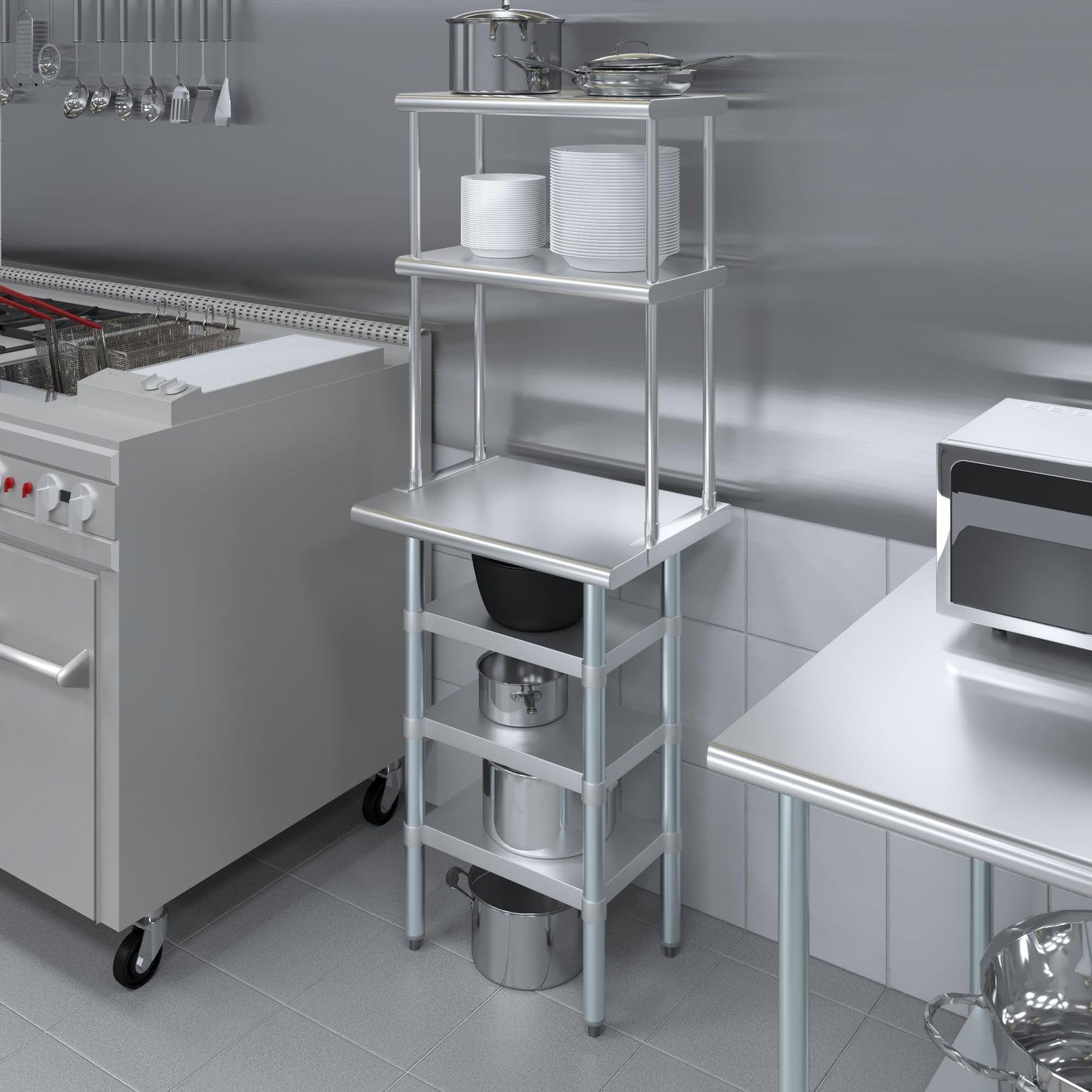 Amgood 18" x 24" Stainless Steel Work Table with 3 Shelves and 12" Wide Double Tier Overshelf | Metal Kitchen Prep Table & Shelving Combo | NSF