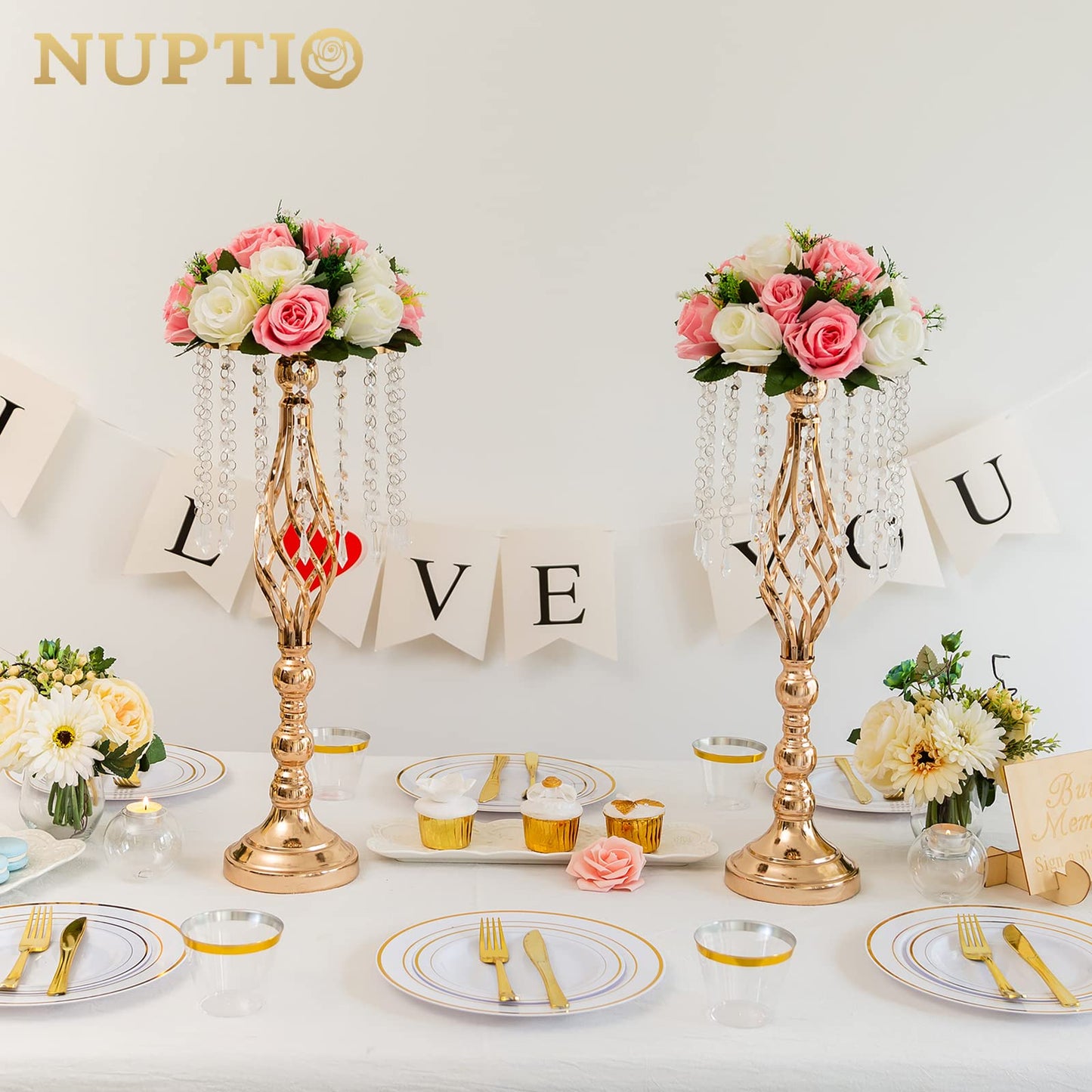 Nuptio 2 Pcs Crystal Flower Stand Wedding Centerpieces for Tables, 21.7in/55cm Tall Elegant Metal Flower Arrangement Stand, Tabletop Metal Flower Vase for Wedding Party Dinner Event Hotel Home Decor