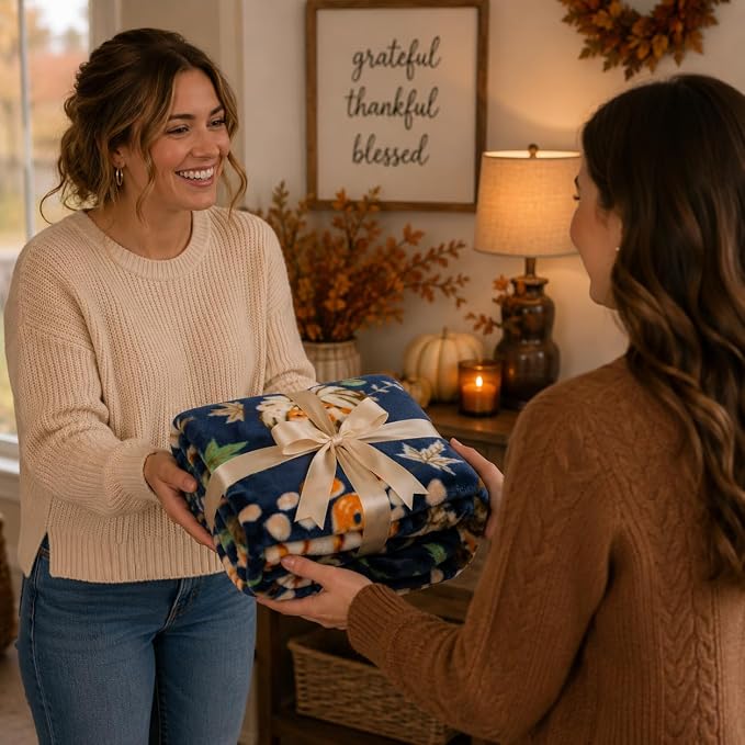 Fall Pumpkin Throw Blanket: Soft Orange White Pumpkins Leaves and Berries on Blue Background for Living Room Couch Bed Chair or Dorm