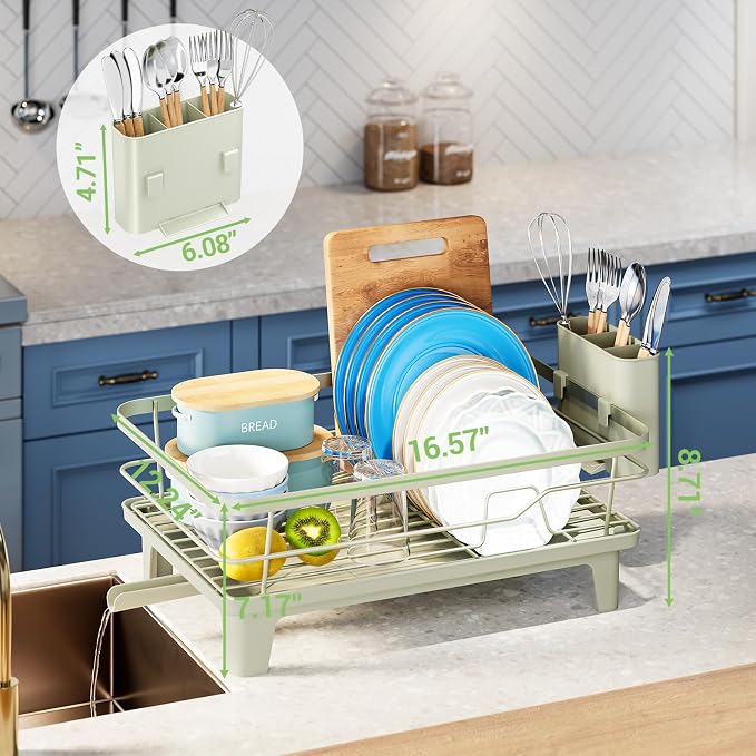 Urackify Dish Drying Rack for Kitchen Counter, Sink Dish Rack with Drainboard, Large Dish Drainer with Cups Holder, Home Countertop Plate Dryer Storage Rack with Cutlery Holder, Soft Celery Green