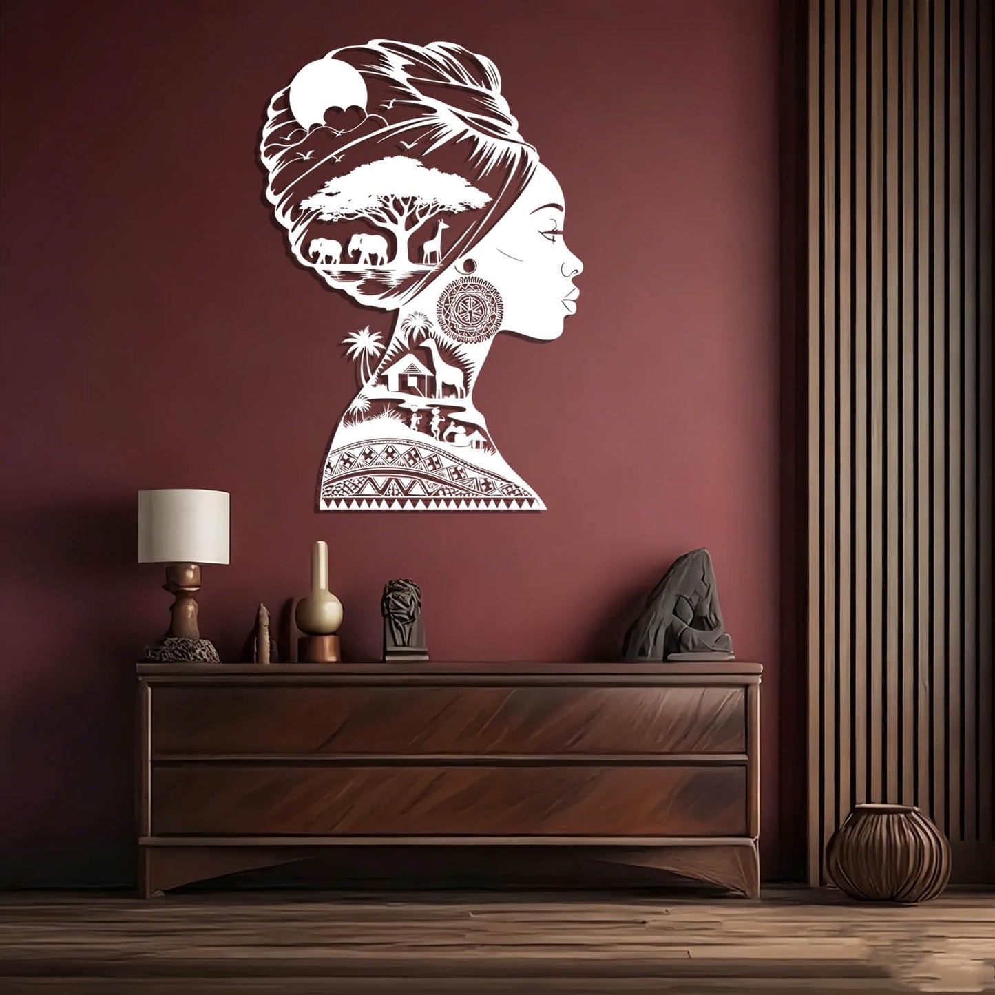 EUSTUGO African Woman Metal Wall Art, African Animals Metal Wall Art, Africa Jungle Wall Decor, Safari Decor, Black Women Silhouette Home Decoration for Living Room (Gold 1, 48"x33"/121x83cm)