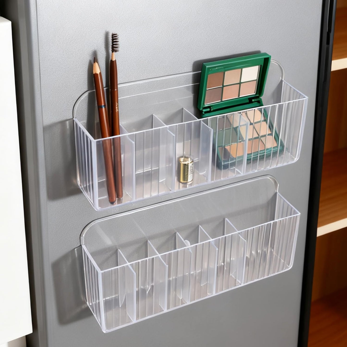 Wall Mount Storage Organizer, Clear Storage Box Holder Basket with 6 Compartments No Drilling Hang Walls/Doors for Kitchen, Cabinet, Bathroom, Bedroom, Office (19x8x3.8cm)