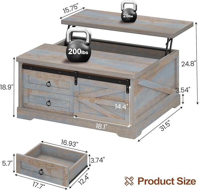 Itaar 39.4'' Lift Top Coffee Table with Storage, Farmhouse Coffee Tables for Living Room, Square Coffee Table with Large Hodden Compartment & 2 Drawrs & Adjustables Shelves (Blue)
