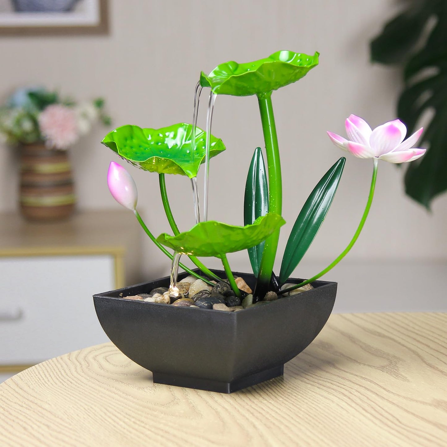 YOQUATE Water Fountain Indoor Waterfall Fountain 3-Tier Tabletop Fountain Lotus Desk Relaxation Home Decor Including Lots of Rocks and Soothing Sound Machine (Green 2)