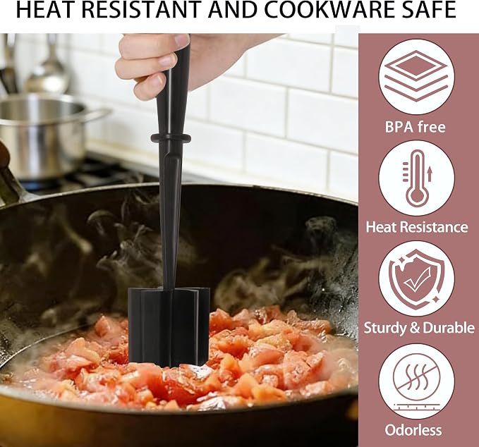 Meat Chopper, 5-Blade Curved Potato Masher & Hamburger Meat Smasher, Ground Beef Chopper, Premium Heat-Resistant Masher for Beef, Chicken and More
