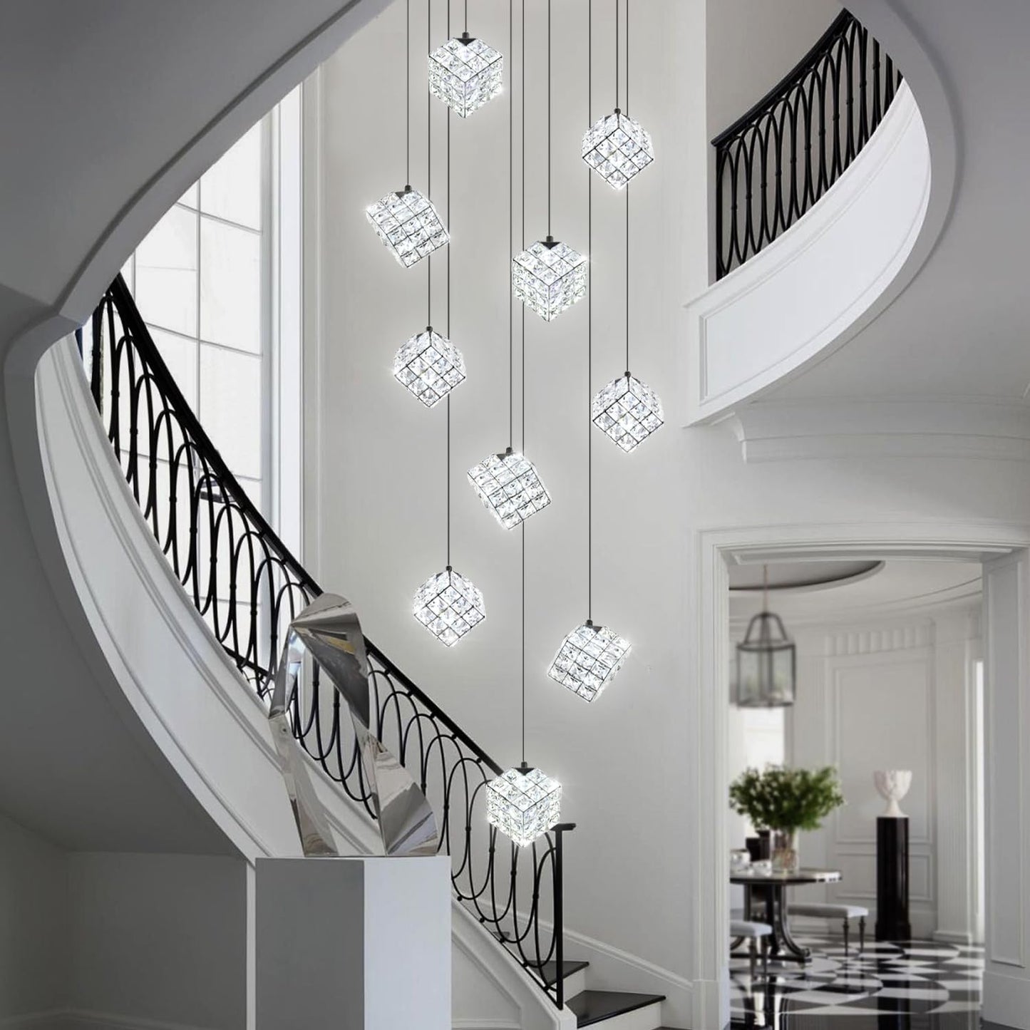 Shial Lighting 10-Lights LED Staircase Chandelier Modern Foyer Chandeliers Large Chandelier for High Ceilings,Crystal Pendant Light for Living Room Stairwell Dining Room Entryway