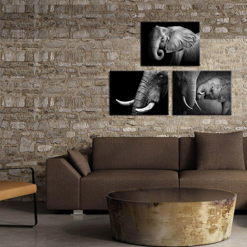 KREATIVE ARTS - Black and White Elephant Canvas Wall Art Decor Animal Painting Prints Artwork for Living Room Office Decor Giclee Canvas Prints Ready to Hang 12x16inchx3pcs/set