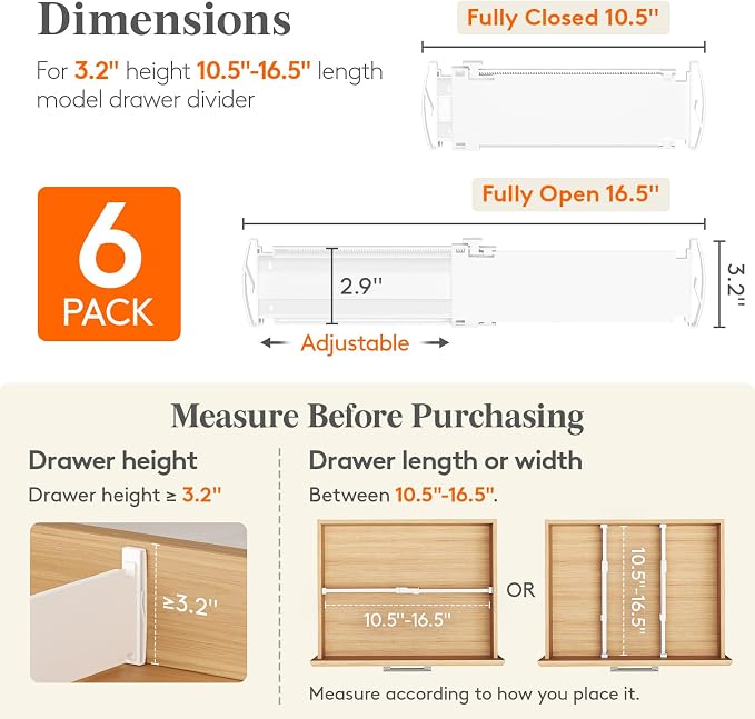 Lifewit Drawer Dividers for Clothes, 3.2" High 10.5"-16.5" Expandable Dresser Drawer Organizers, Adjustable White Plastic Separators for Kitchen, Cabinet, Nursery, Socks & Underwear Storage, 6 Pack