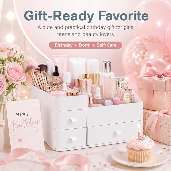 Makeup Organizer Tween Girls Gifts,Large Capacity Bathroom Organizer and Storage with Drawers Trendy Stuff ,Vanity,Bathroom Countertop,Bedroom Storage for Skincare,Cosmetics,Perfume,Brushes,Eyeshadow