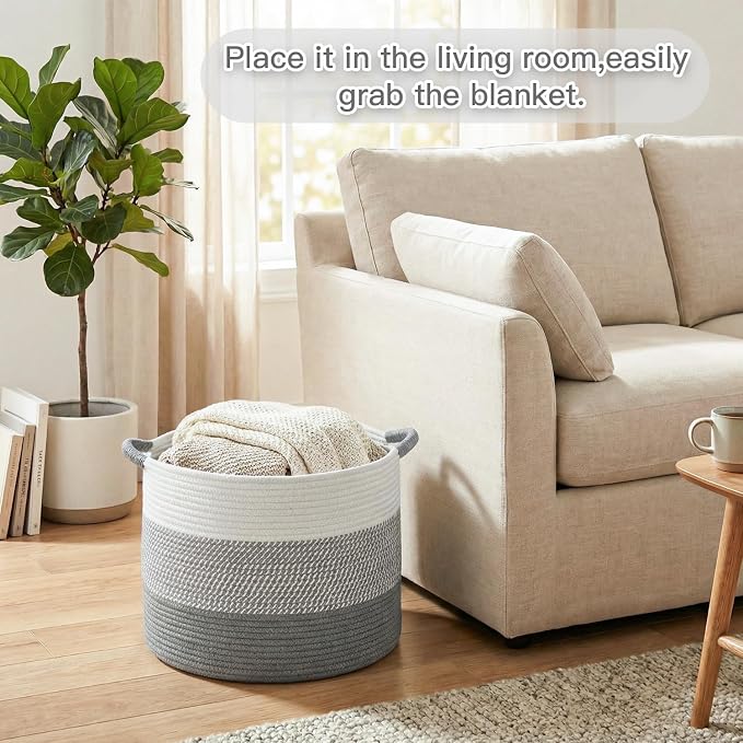 Artfeel 40L Large Cotton Rope Basket, Decorative Woven Blanket Storage for Living Room, Boho Toy Storage & Toy Box for Kids, Versatile Laundry Basket & Nursery Hamper for Blankets(Gery)