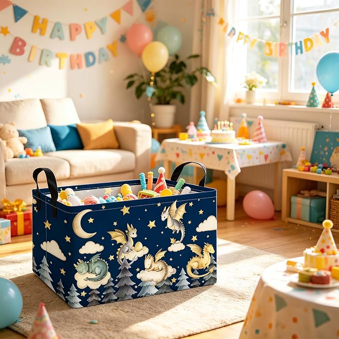Rectangular Dragon Pattern Storage Bin, Decorative Canvas Laundry Basket with Dual Handles, Foldable Toy & Household Organizer, Multipurpose Party Gift Basket for Home Bedroom Dorm(Cute Dragon)