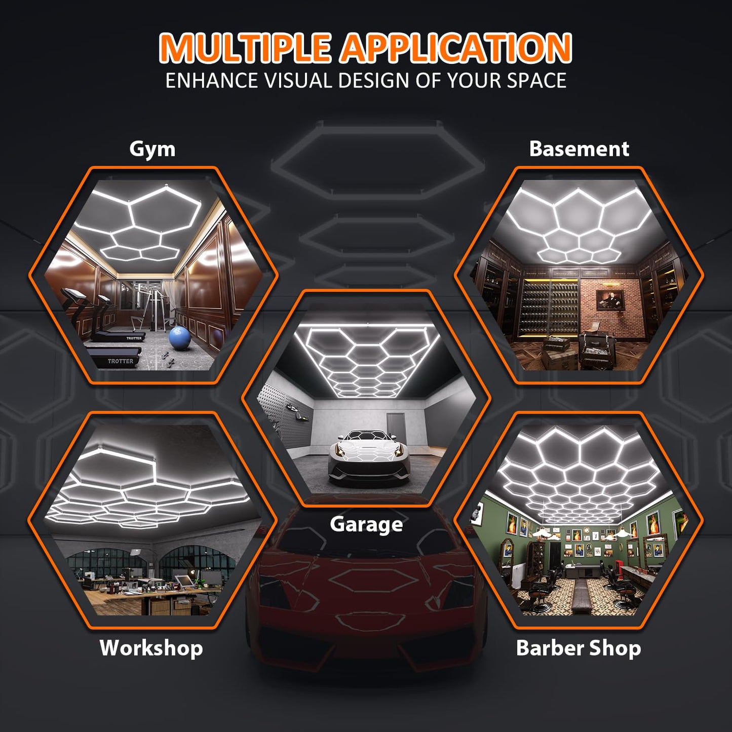 Litezone Hexagon Garage Lights 11 Hex with Black Edge, Honeycomb Led Hexagon Lights, Led Lights for Garage Basement Gym Shop Barber Exhibition