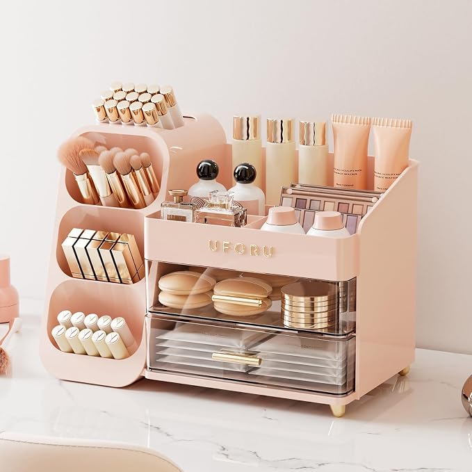 UFORU Makeup Organizer for Vanity with Brush Holder, Large Capacity Bathroom Countertop Skincare Organizer with 2 Drawers, Cosmetic Display Case for Perfumes, Eyeshadow Palettes, Nail Polishes