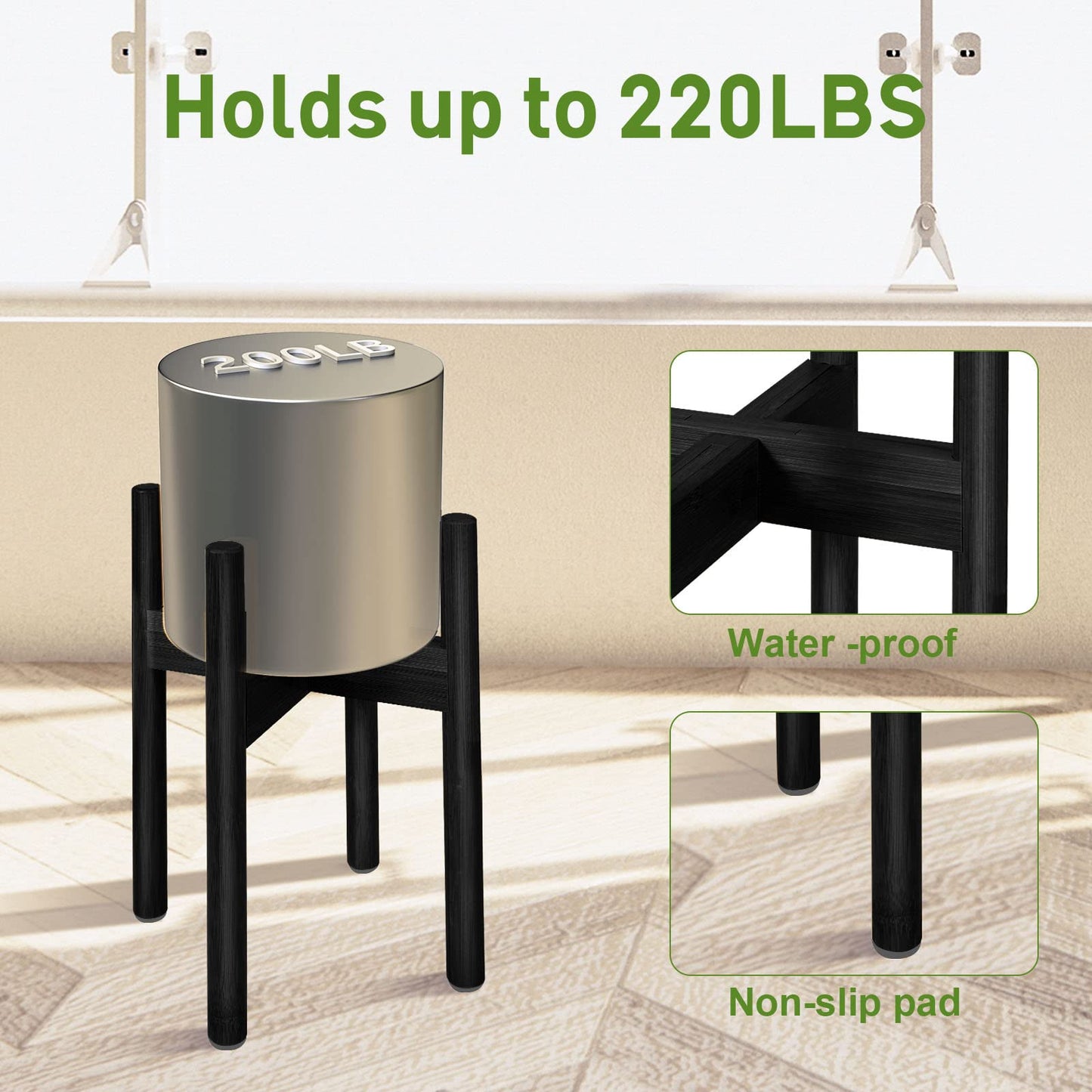 FJO 2Pcs Adjustable Plant Stand Indoor - Bamboo Plant Stands, Bamboo Mid Century Modern Plants Stands, Plant Holder for Living Room Fits 8 to 12 Inches Pots(Pot & Plant Not Included) (Black)