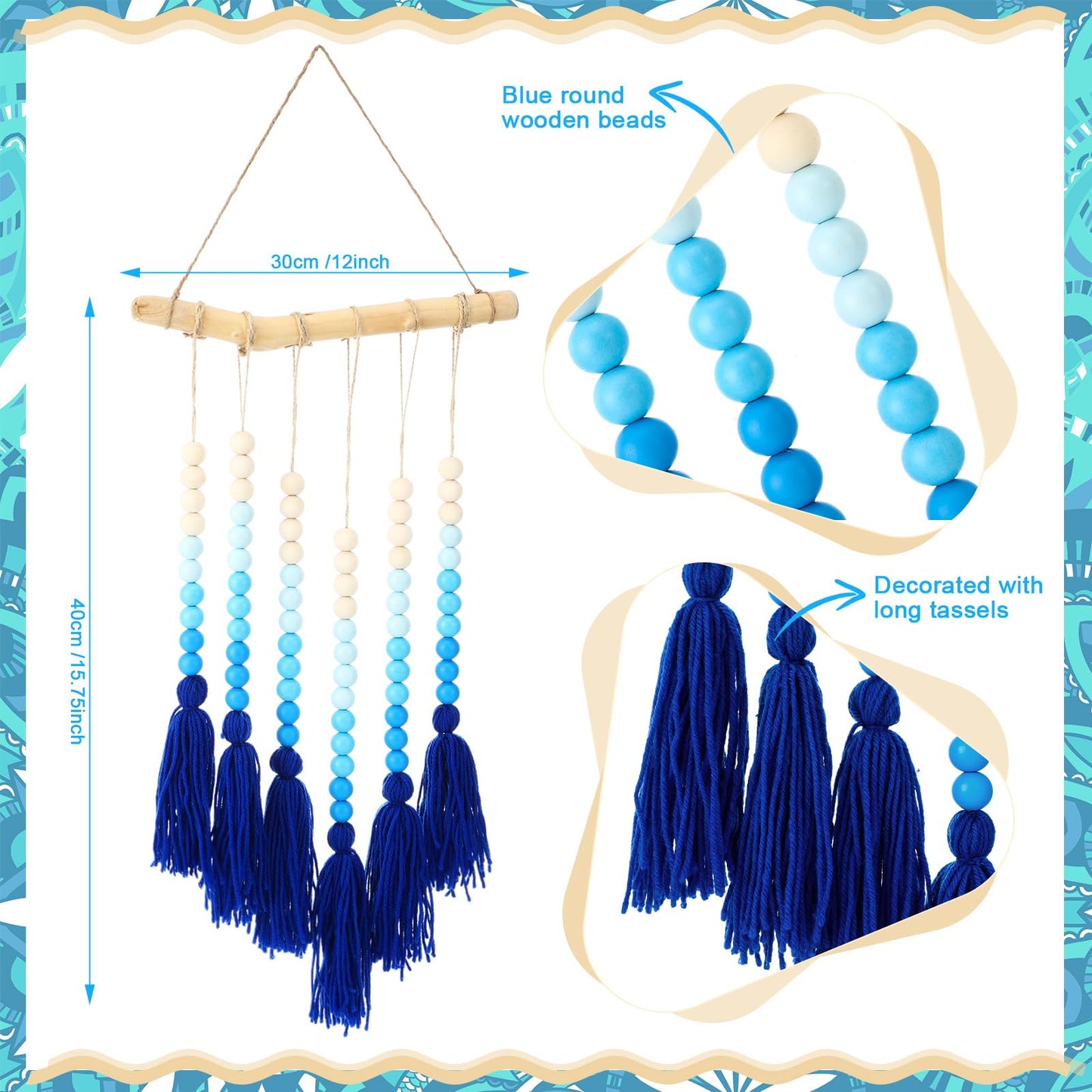 Suncalla Large Macramé Boho Chic Wooden Bead Wall Hanging Tapestry Decor Blue Bead Bedroom Art Decor with Tassels for Living Room Apartment Home Nursery Birthday Party Backdrop