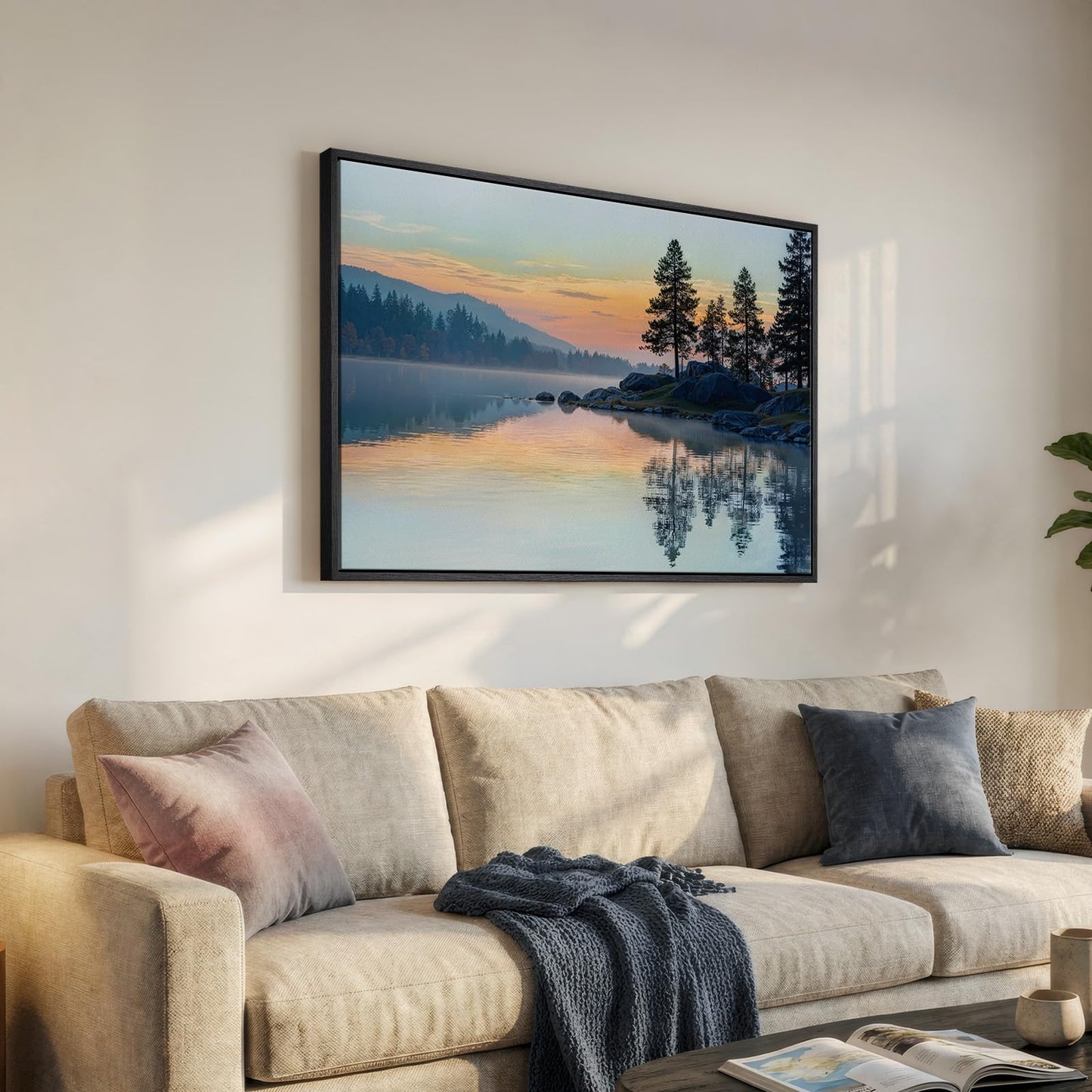 Framed Nature Lake Landscape Wall Art, Horizontal Sunset Canvas Artwork for Walls, Peaceful Scenery Photography Print, Scenic Picture for Living Room Bedroom Office Dining Room Wall Decor, 24x36 Inch