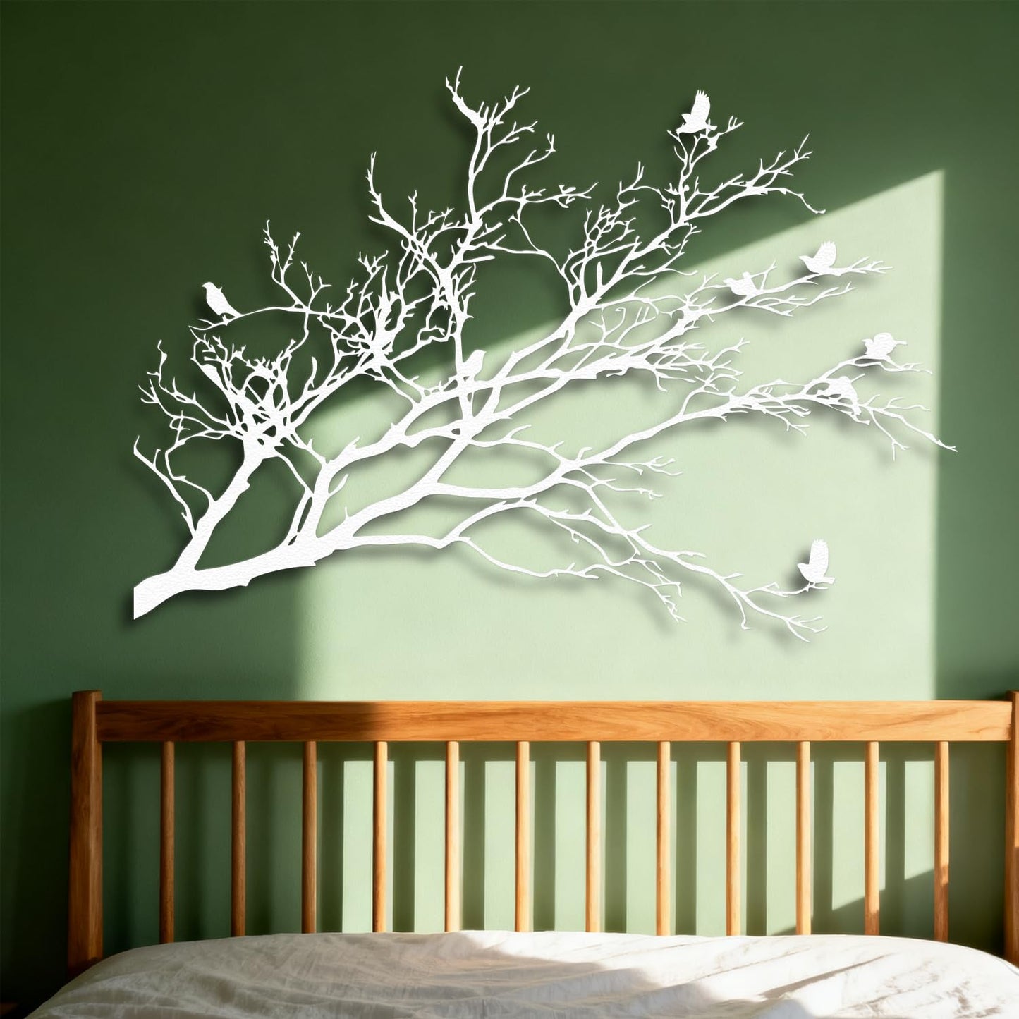 XXQ Branch and Birds Metal Wall Art – Flying Birds on Tree Branch Silhouette, Black & White Finishes, Nature Inspired Wall Decor for Living Room, Bedroom, or Hallway (White, 31" x 22" / 80 x 56 cm)