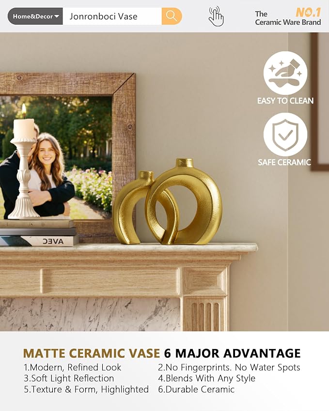 Set of 2 Gold Ceramic Vases for Home Decor Accents - Unique Hollow Donut Artistic Design Modern Art Deco Luxury Style Decorative Vases for Shelf, Mantel, Entryway Table Decor (Matte Gold)