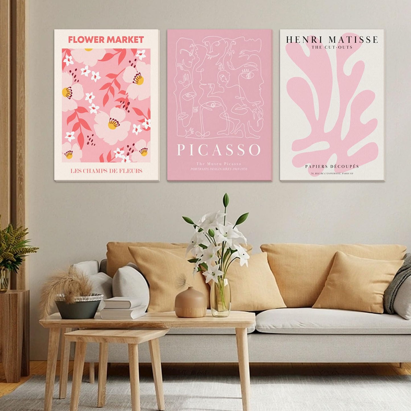 Djmwtb 3 Piece Pink Wall Art Matisse Canvas Art Picasso Prints Flower Market Wall Decor Paintings Cute Pictures Abstract Artwork for Girls Bedroom Dorm 12x16in Framed