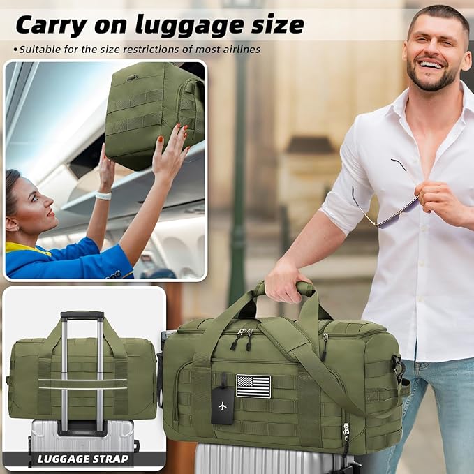 ZOMFELT Tactical Gym Bag for Men, 3-in-1 Travel Duffle Bag with Removable Dividers & Innovative Shoe Compartment, Waterproof MOLLE Travel Backpack, Airplane Carry-On Approved Workout, Outdoor, Green