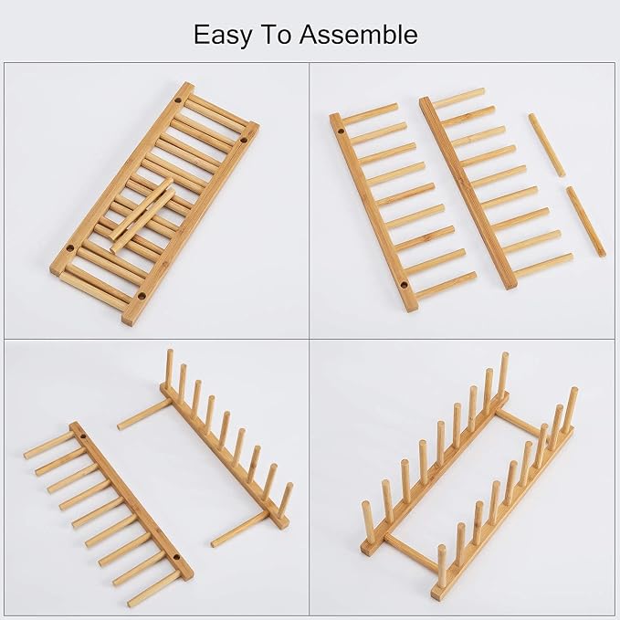 HBlife Bamboo Dish Plate Bowl Cup Book Pot Lid Cutting Board Drying Rack Stand Drainer Storage Holder Organizer Kitchen Cabinet（Keep Dry）