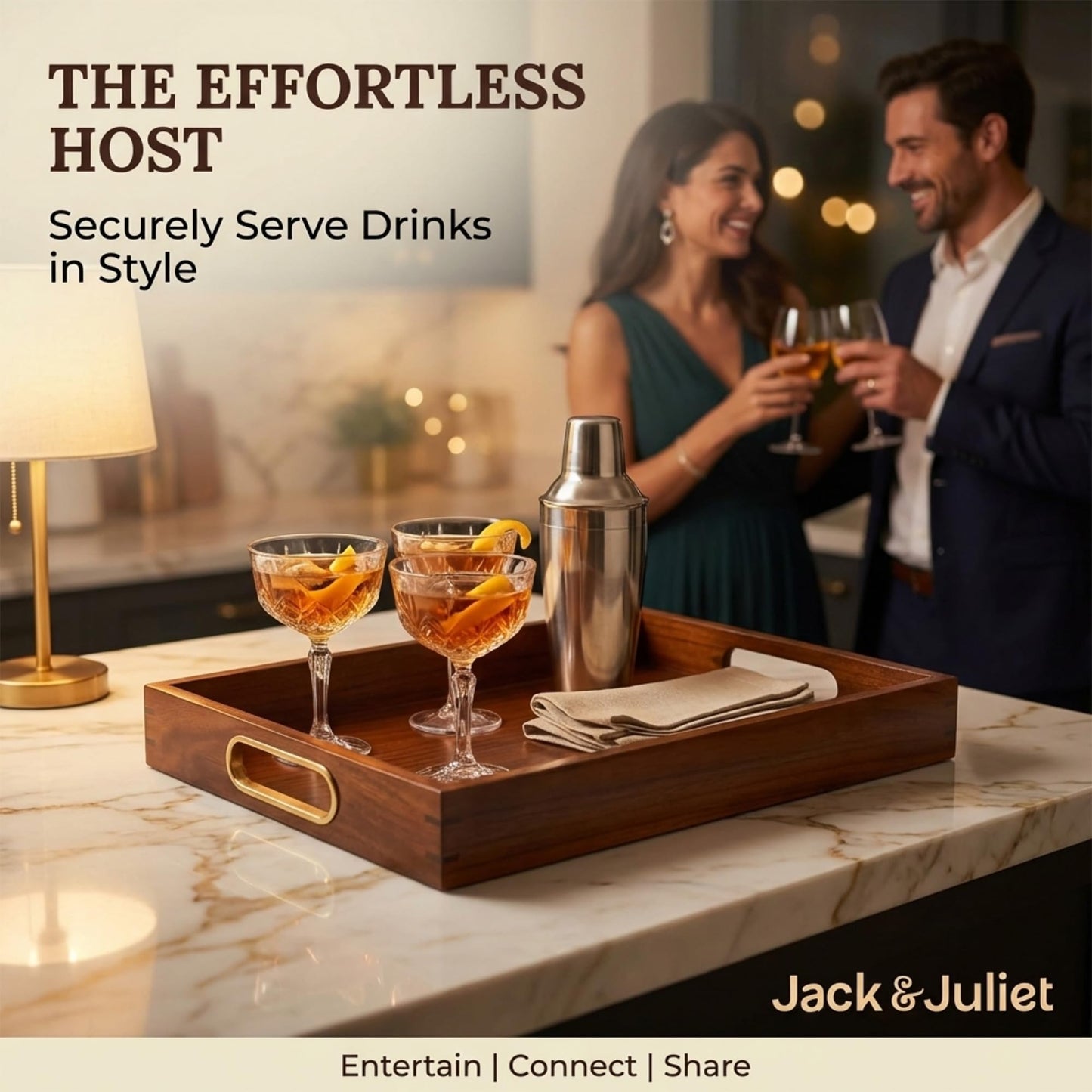 Jack & Juliet Teak Wood Ottoman Tray – Large Wooden Multifunctional Tray with Real Brass Handles - Non Slip Base in Food-Safe Finish - Gift-Ready Packaging for Coffee Table and Home Decor (Walnut)