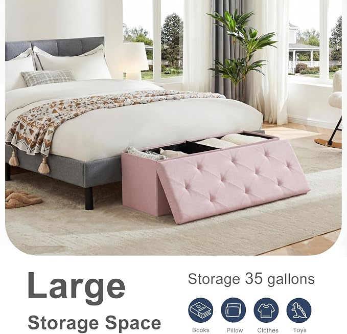 DUMOS 43in Foldable Storage Ottoman Bench, Storage Chest, Large End of Bed Foot Rest Stool with Padded Seat, Bedroom Bench for Living Room, Support 660lbs, Pink