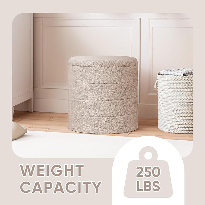 PINPLUS Round Storage Ottoman Foot Rest Stool with Tray Velvet Sherpa Folding Storage Ottoman,Boucle Foot Rest for Living Room, Bedroom, Dorm,Beige Color