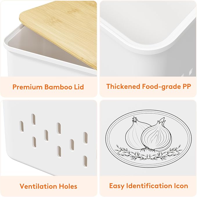 Lifewit Plastic Potato and Onion Storage Bin, Stackable Garlic Keeper with Aerating Holes and Lid, Vegetable Container Box for Pantry Countertop, White, 24 x 18 x 24 cm/9.5 x 7 x 9.5 inch, Set of 3